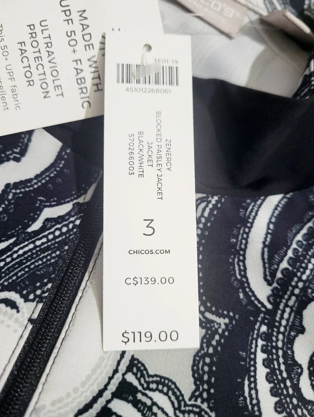 Plus Chico’s Zenergy UPF 50+ Paisley Zip Jacket Black White Size 18/18 NWT